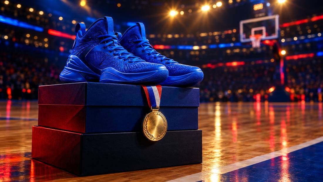 Blue basketball sneakers and a gold medal resting on stacked shoe boxes courtside, arena lights in the background, as Caitlin Clark returns to the Indiana Fever