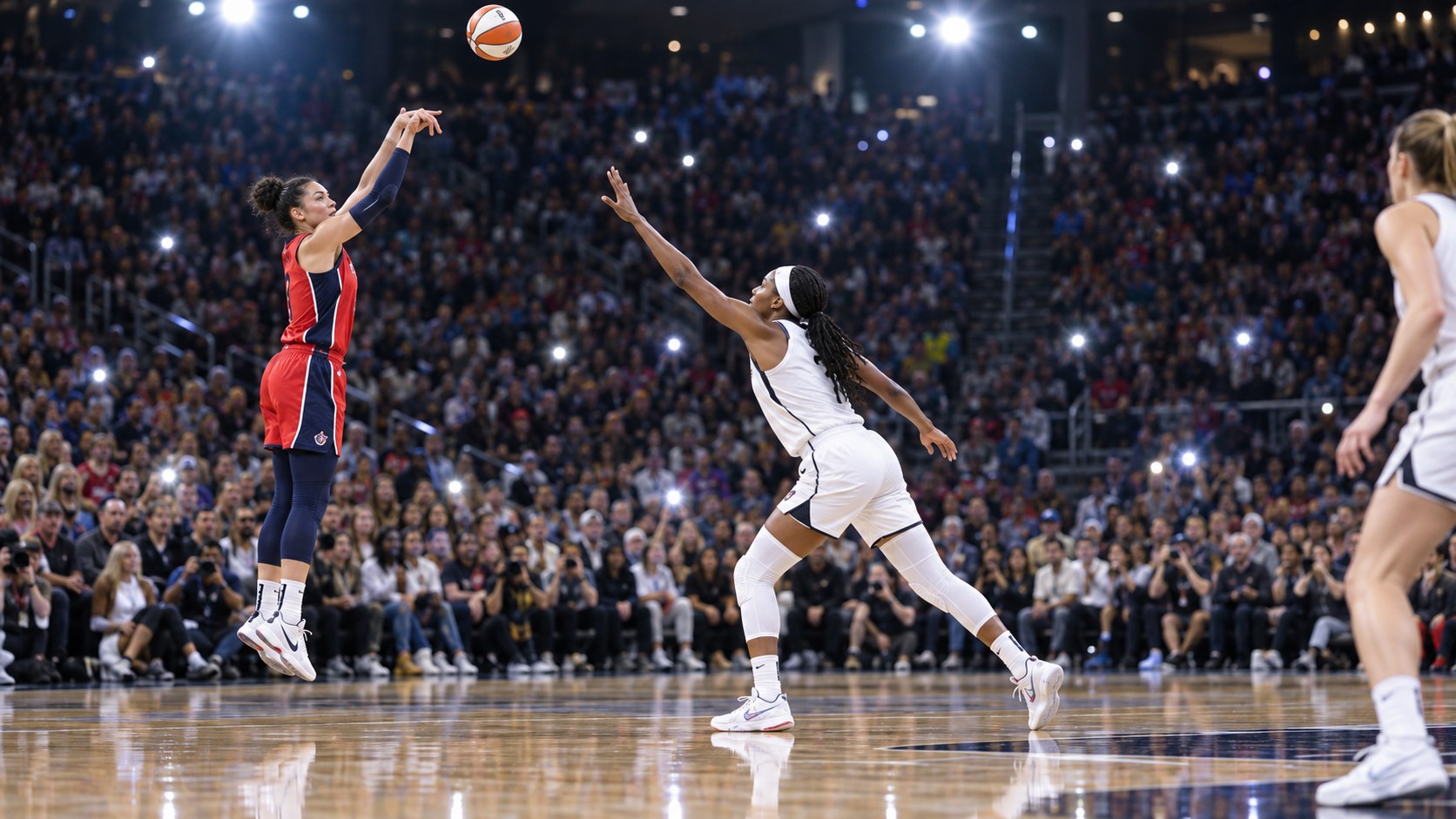 A guard in a red and navy Fever uniform rising for a three-point shot over a defender in white inside a packed arena