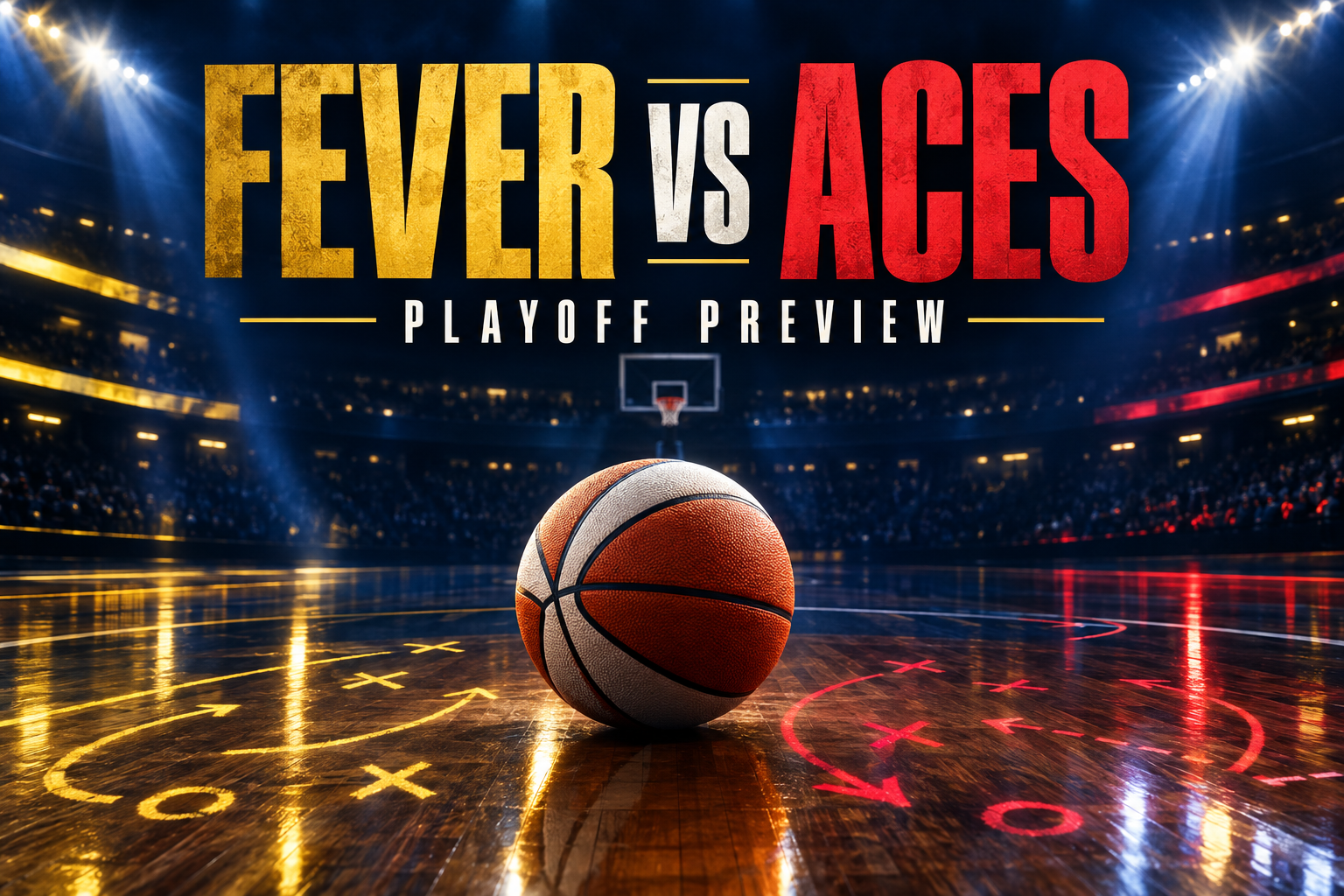 Fever vs Aces WNBA playoff preview graphic with basketball and play diagrams