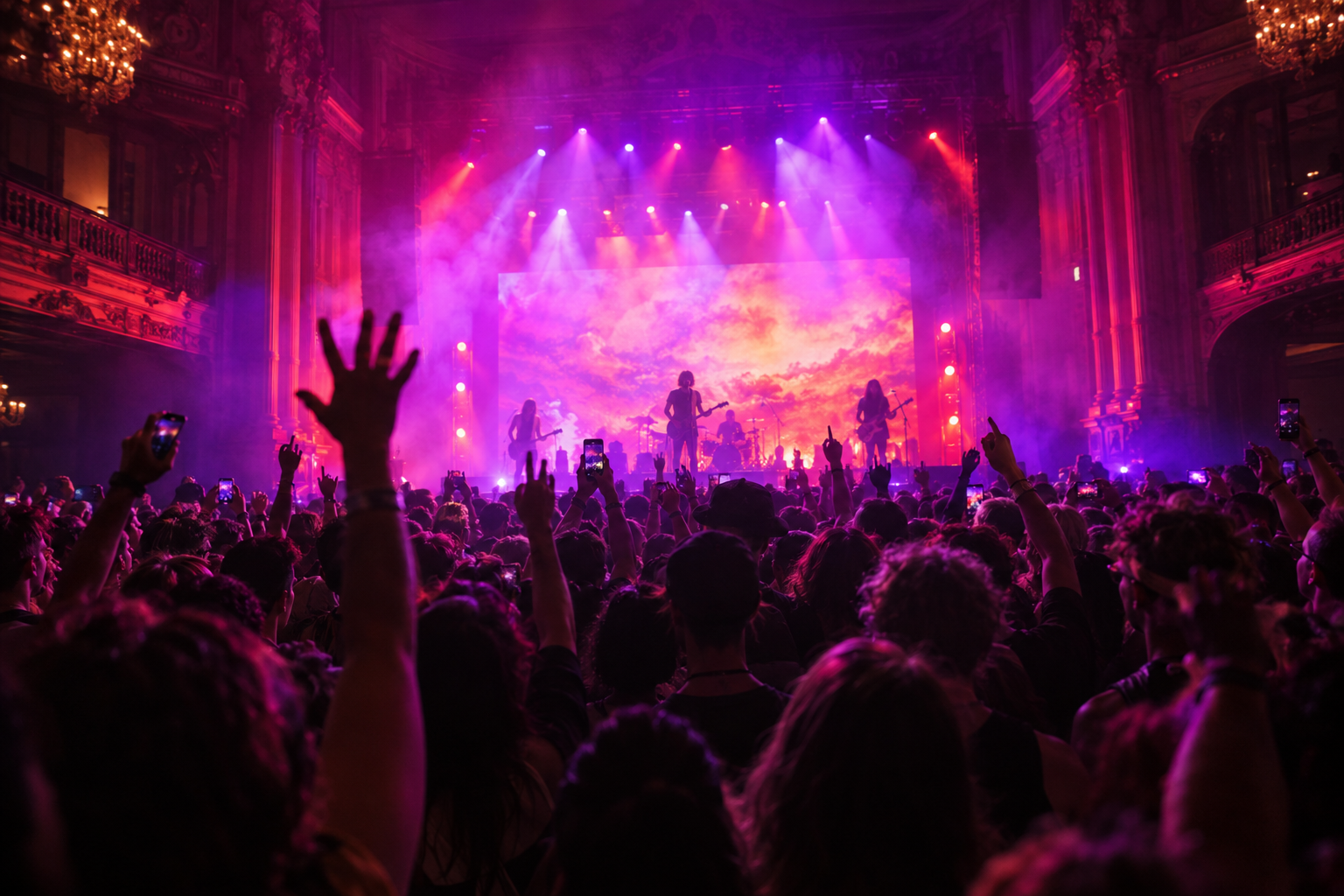 A packed ballroom crowd with raised hands under purple and red stage lights at a rock show.