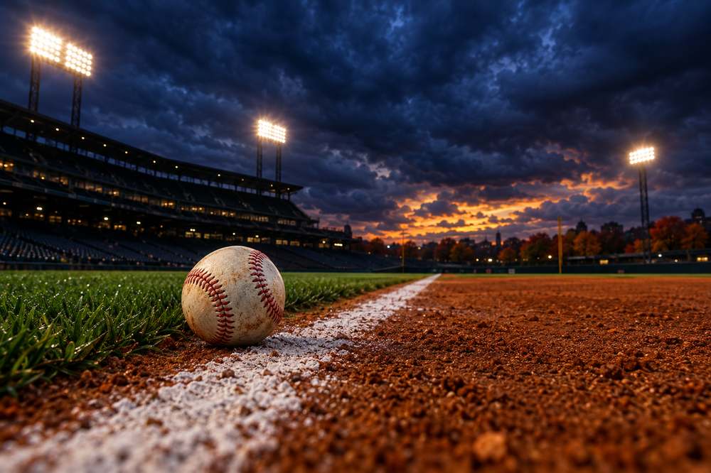A baseball resting on a chalk foul line at dusk under stadium lights, dramatizing the September MLB playoff race