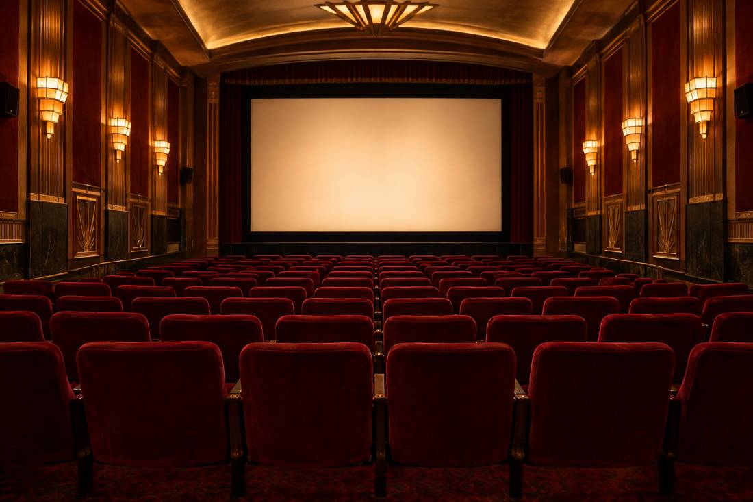 Rows of red velvet theater seats facing a glowing blank cinema screen in warm art deco lighting