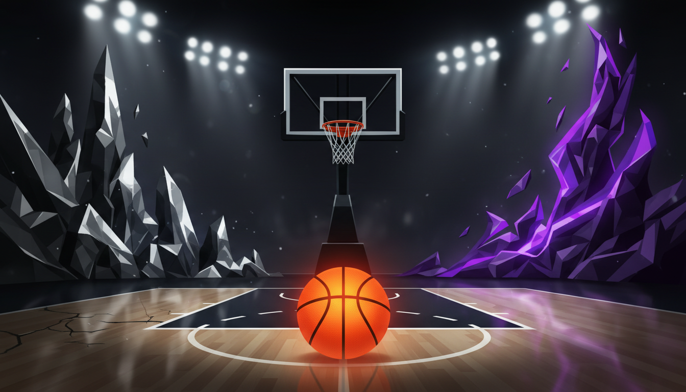 Illustration of a basketball on an arena court with black, silver and violet lighting.